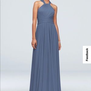 David’s Bridal long mesh halter bridesmaid dress in Steel Blue